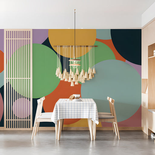 Sophisticated dining room interior with soft gray ink wash wall mural and minimalist bedding.