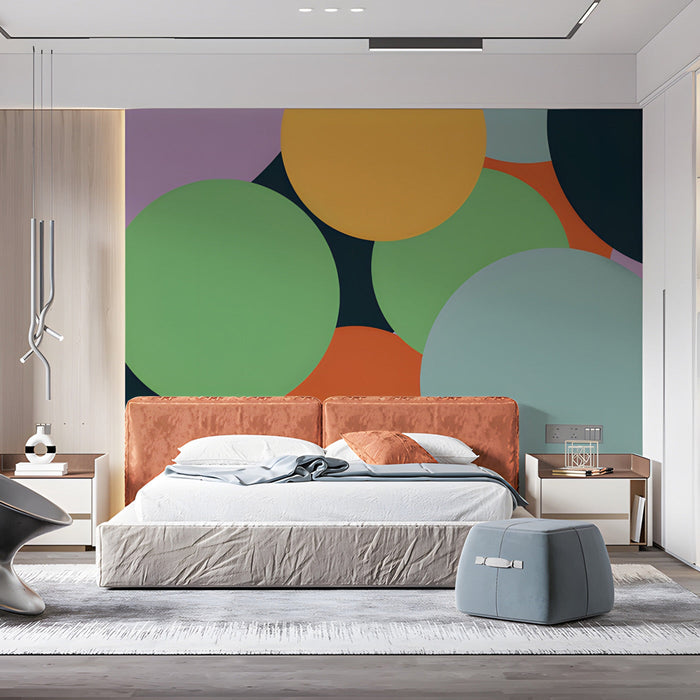 A minimalist bedroom featuring an ink wash accent wall behind a velvet sofa.