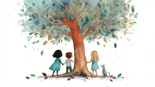 A whimsical watercolor illustration of three children and a small dog standing under a large tree with blue and green leaves.