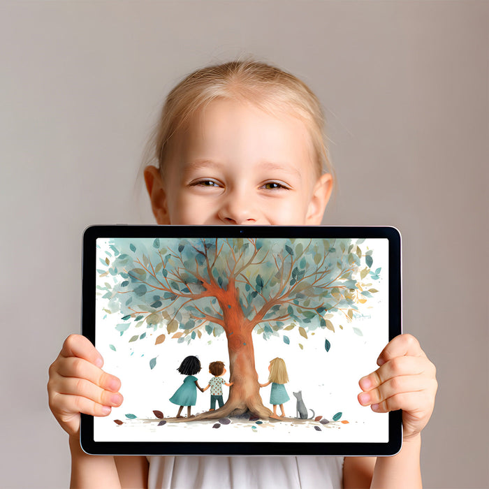 A bright playroom with the tree mural as a focal point near a reading corner with floor cushions.