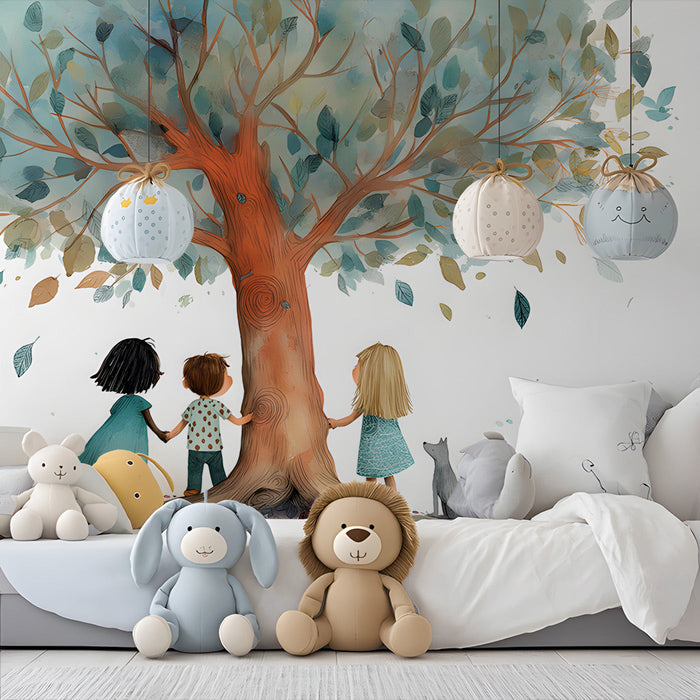 A children's bedroom with the storybook tree wallpaper on the wall behind two twin beds.