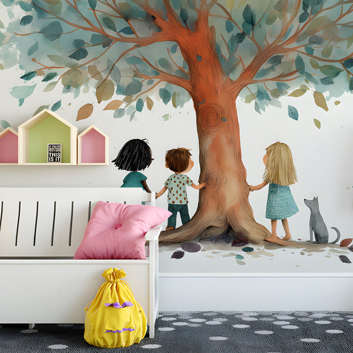 A cozy nursery featuring the tree mural behind a wooden crib with neutral bedding.