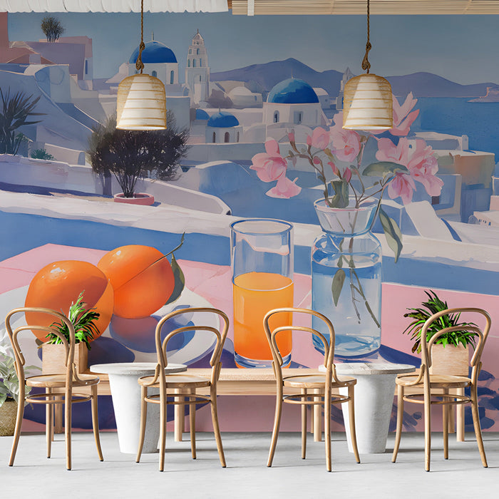 Coastal watercolor wall mural applied in a cozy cafe to provide a calm Mediterranean view