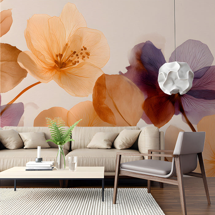 An elegant living room space decorated with ethereal floral wall art in warm golden and violet tones.