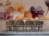 A bright, serene dining room featuring an amber and violet floral mural behind a light wood bed frame.