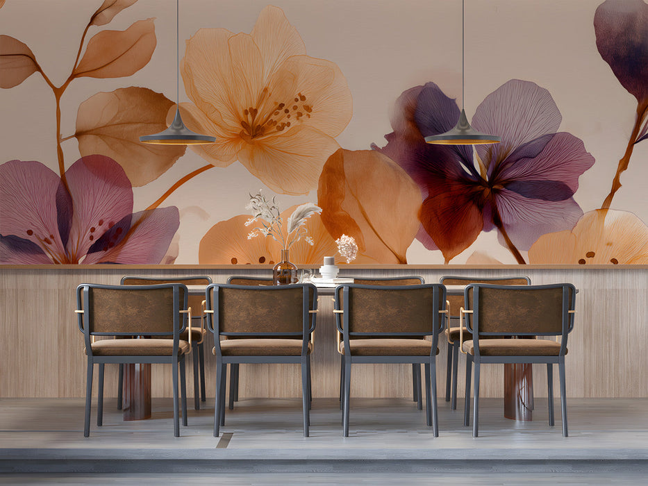 A bright, serene dining room featuring an amber and violet floral mural behind a light wood bed frame.