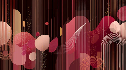 Abstract wallpaper pattern with dark burgundy background, blush geometric shapes, and fine vertical gold lines