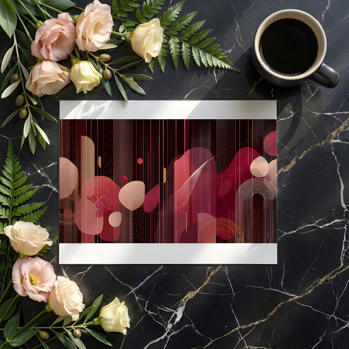 Sophisticated dining room wall art with abstract crimson and rose shapes and fine line details