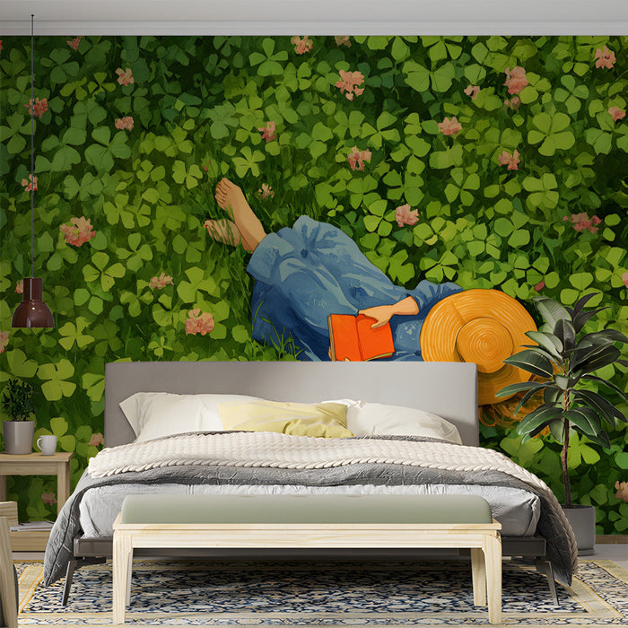 Green clover leaf mural in a bright and airy bedroom