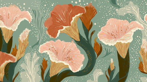 Floral pattern with large terracotta and blush trumpet flowers on a sage green background with white stippled accents