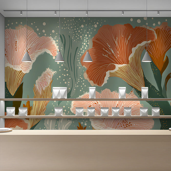 Light-filled dining area with a nature-inspired floral mural on the main wall