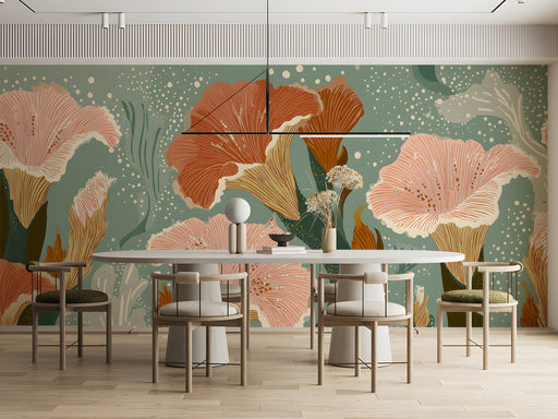 Modern living room with a sage green floral feature wall and minimalist furniture