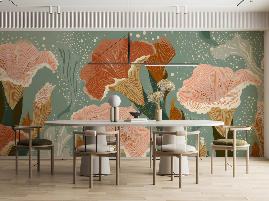 Modern living room with a sage green floral feature wall and minimalist furniture