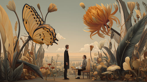 Surreal mural featuring a giant butterfly and a couple having tea in a oversized botanical garden, warm ochre color palette