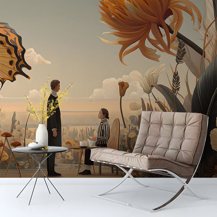 Dreamlike floral wall mural styled in a quiet entryway with a velvet armchair