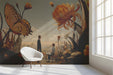 Surreal botanical garden wallpaper installed in a sophisticated study with dark wood furniture