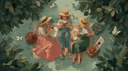 Three friends lounging on a picnic blanket under trees, surrounded by sage green grass and white butterflies.