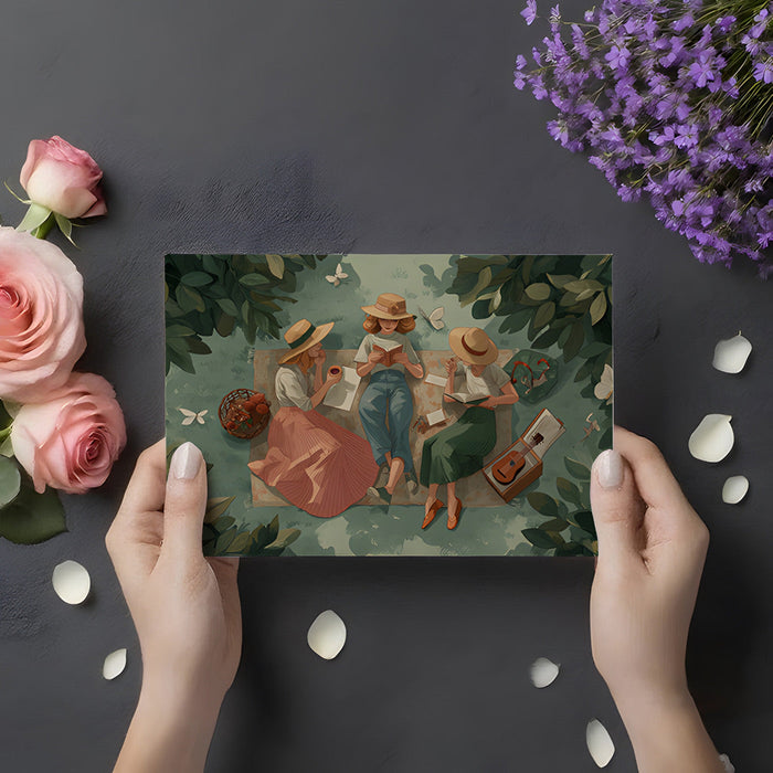 Summer garden scene mural displayed on a dining room feature wall above a wooden table.