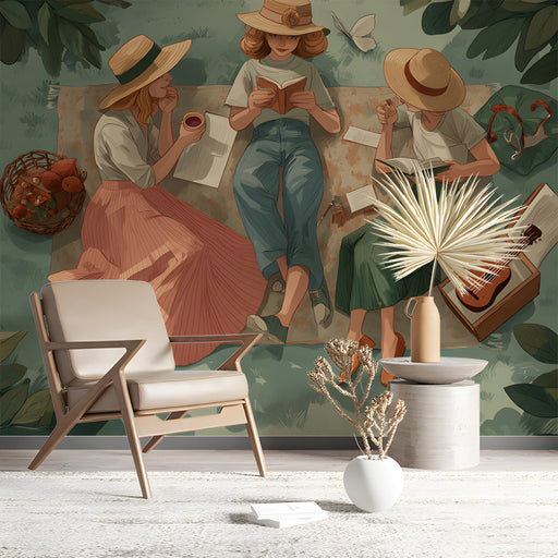 Soft green forest picnic mural in a relaxing study with natural wooden shelving.