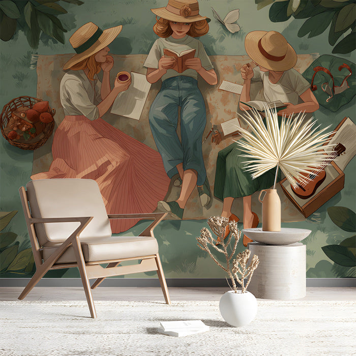Soft green forest picnic mural in a relaxing study with natural wooden shelving.
