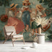 Soft green forest picnic mural in a relaxing study with natural wooden shelving.