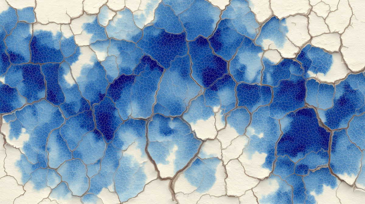 Abstract wallpaper featuring deep cobalt blue watercolor pools with a bone-white cracked earth texture overlay.