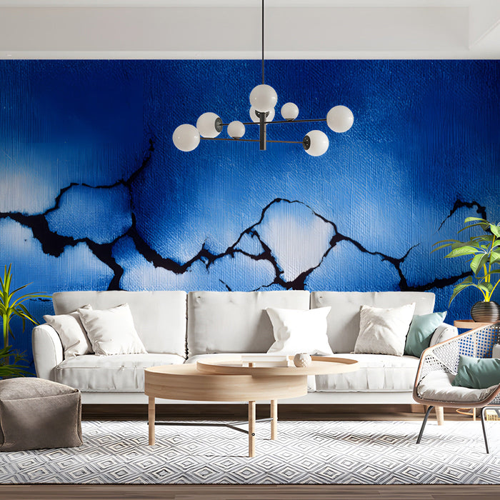 A sophisticated living room interior with the abstract cobalt crackle mural as a feature wall.