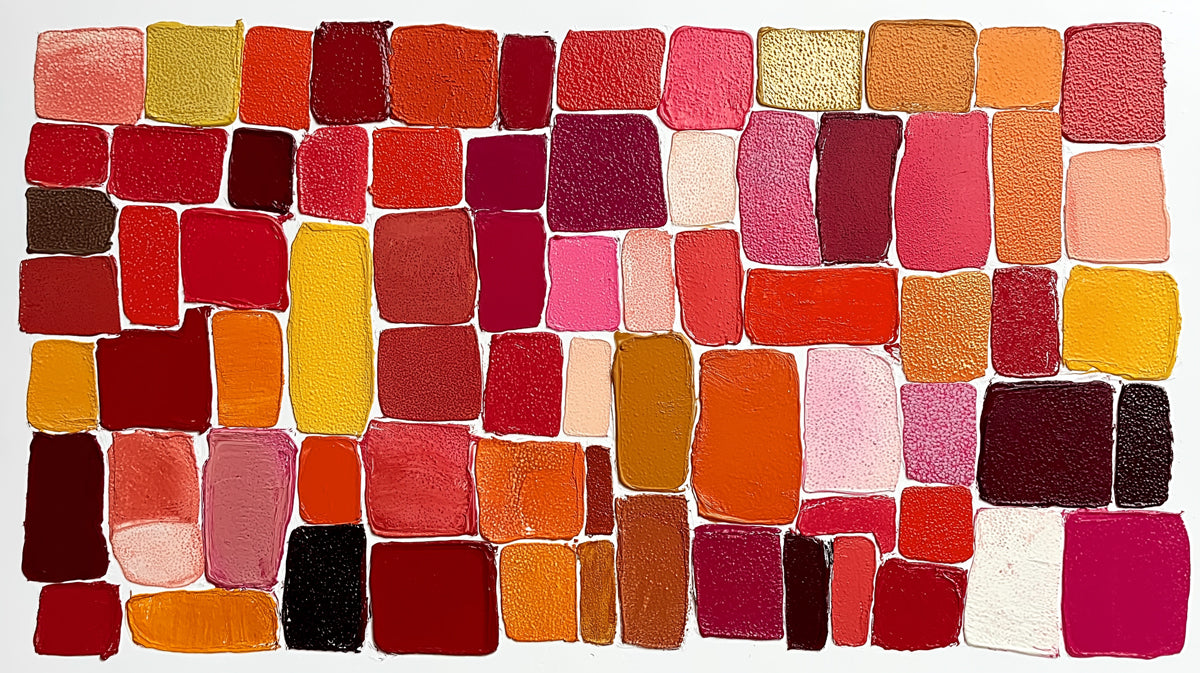 Abstract mosaic mural wallpaper featuring thick oil paint brushstrokes in shades of orange, red, yellow, and blush pink