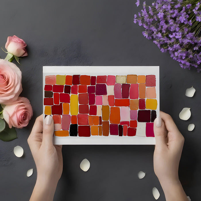 Modern home office with a vibrant painterly mosaic feature wall in warm red and orange tones