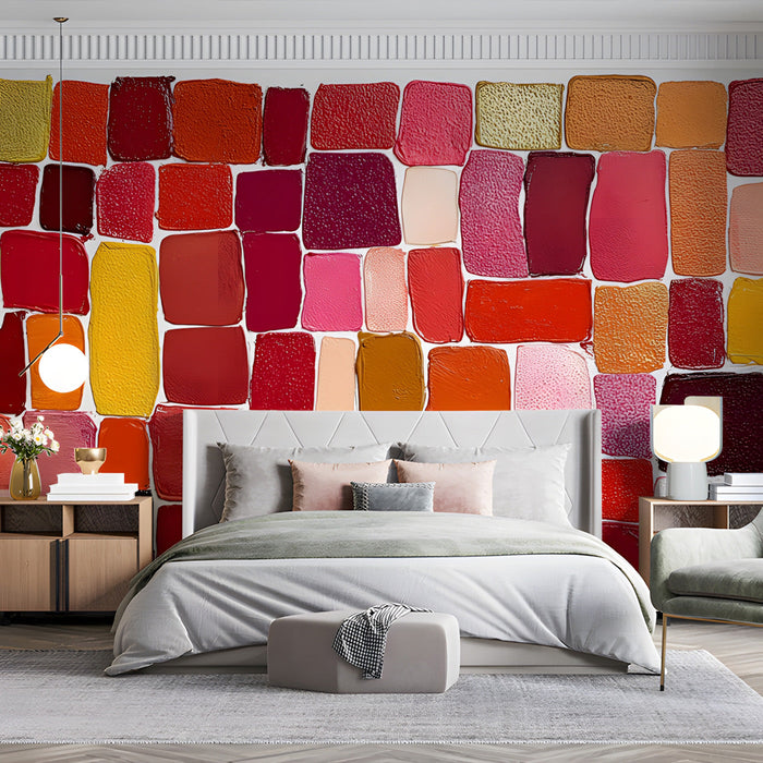 Creative bedroom space featuring a textured oil paint block pattern wall mural in artistic sunset hues