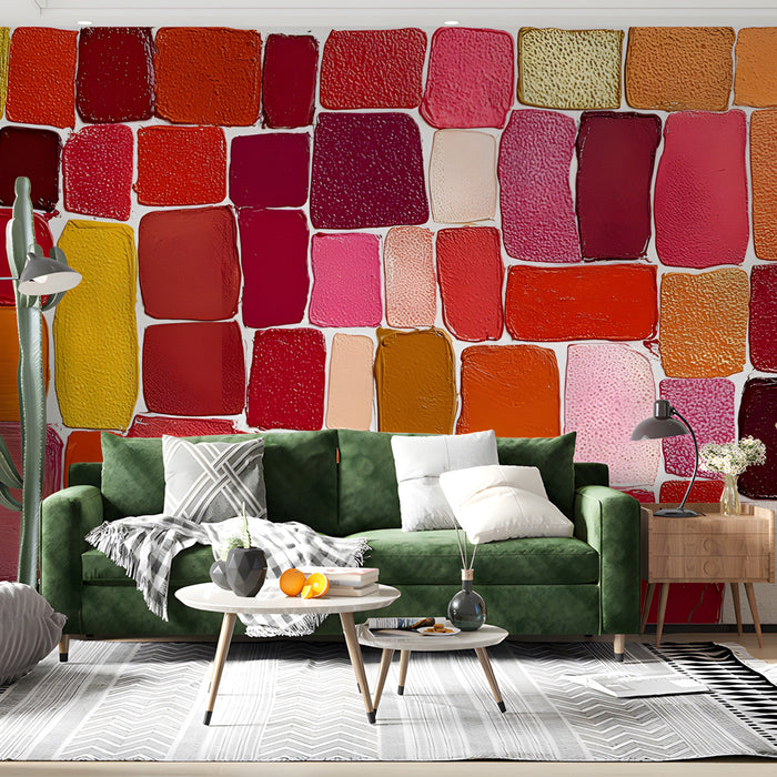 Living room interior featuring an abstract mosaic wallpaper in warm sunset colors on the main wall