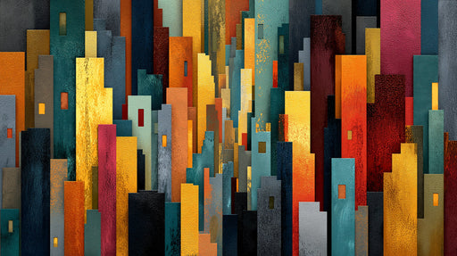 Abstract cityscape wallpaper with vertical bars in ochre, teal, and charcoal