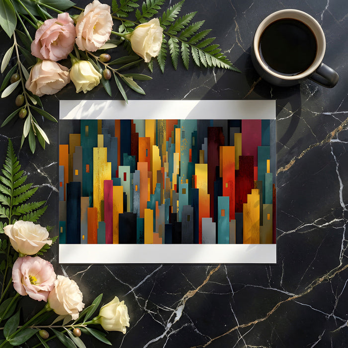 Living room accent wall featuring an abstract, colorful urban skyline mural