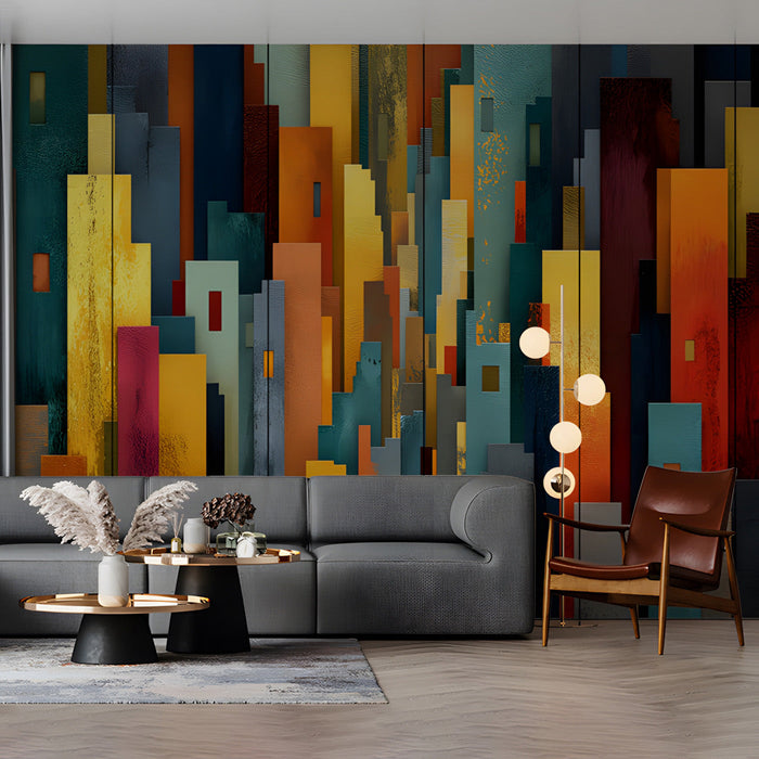 Contemporary dining room with a textured, multi-colored cityscape wallpaper