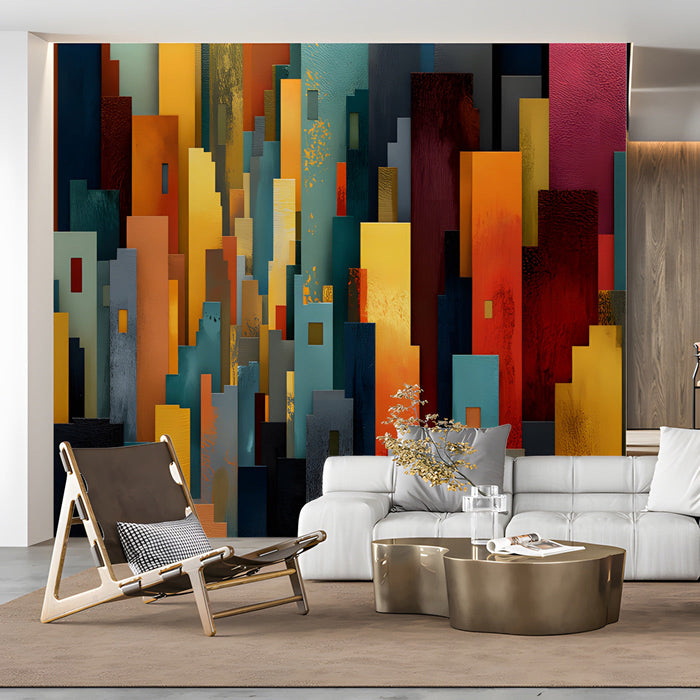Modern office with a vibrant vertical city mural behind a wooden desk