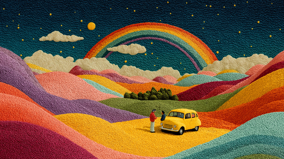 A textured mural showing a stitched-style landscape with a yellow car, rainbow, and rolling hills in vibrant colors.