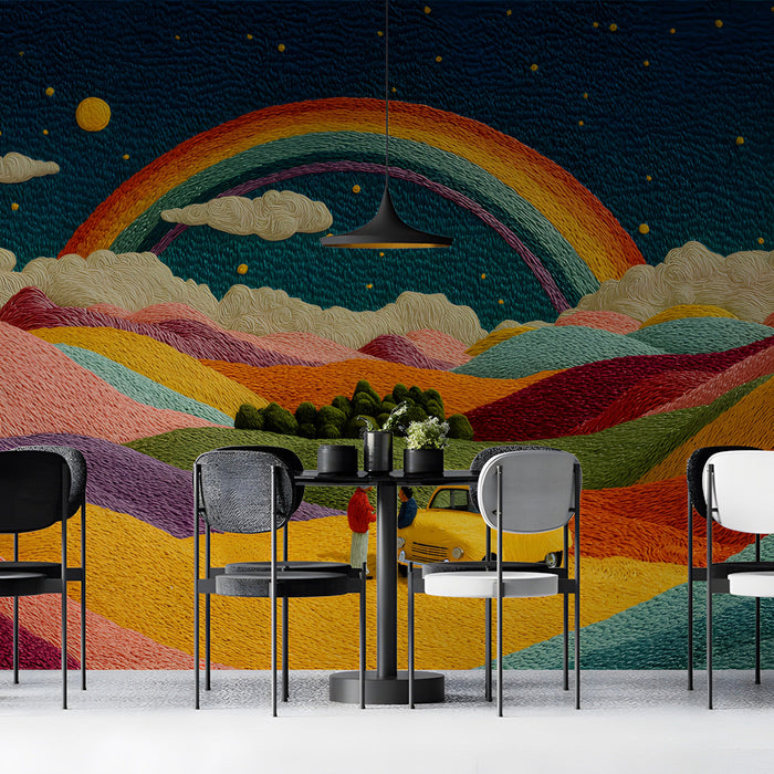 A cozy cafe featuring a vibrant mural wall with rolling hills and a starlit night sky.