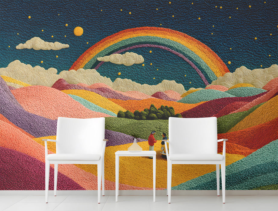 A whimsical  entryway with a colorful landscape mural on the main wall, featuring soft furniture and natural wood accents.