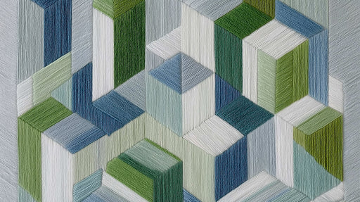 Close-up of geometric wallpaper with a textured, embroidered-thread look in sage green, forest green, and slate blue.