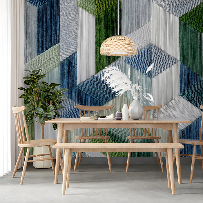 Entryway decorated with the blue and green stitched-look geometric wallpaper mural.