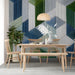 Entryway decorated with the blue and green stitched-look geometric wallpaper mural.