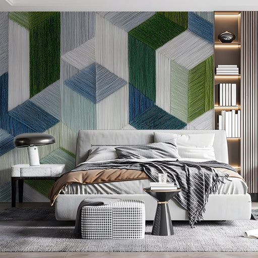 A sophisticated home office featuring the geometric mural on a long feature wall behind a minimalist desk.