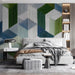 A sophisticated home office featuring the geometric mural on a long feature wall behind a minimalist desk.