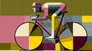 Abstract geometric wallpaper featuring a cyclist in ochre, rose, and charcoal gray with striped textures.