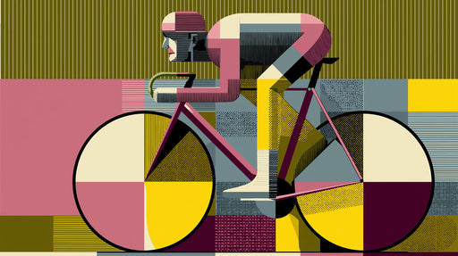 Abstract geometric wallpaper featuring a cyclist in ochre, rose, and charcoal gray with striped textures.