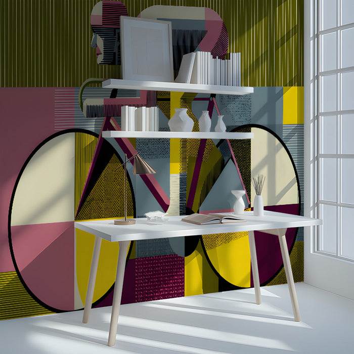 Abstract cycling wall mural applied to a feature wall in a study room.