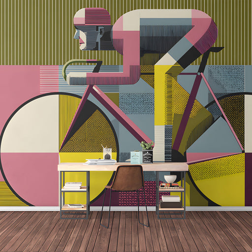 Geometric cyclist mural installed in a home office space behind a wooden desk.