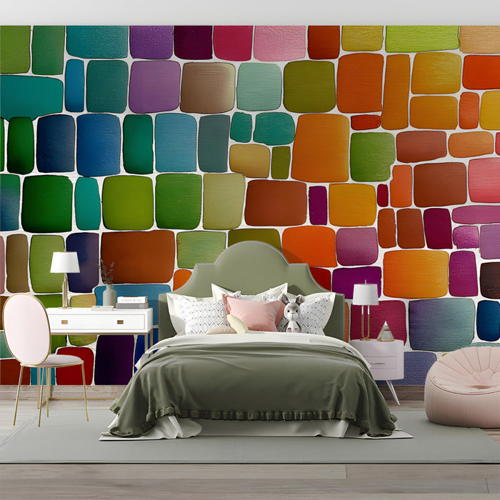 A lively kid bedroom interior showcasing the watercolor square wall mural pattern.