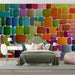 A lively kid bedroom interior showcasing the watercolor square wall mural pattern.