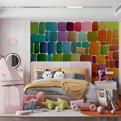 A bright, creative bedroom featuring a colorful mosaic mural on a feature wall.